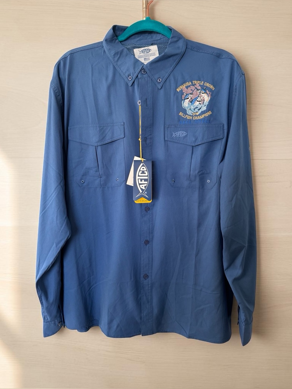 NWT AFTCO UPF 50 Blue Performance Fishing Shirt Bermuda Triple Crown 2019 Men L